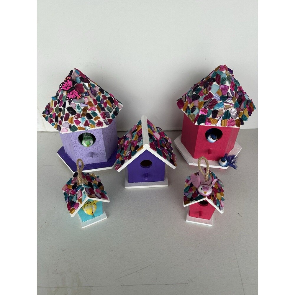Handmade Mosaic Birdhouse Lot of 5 Colorful Wood Decorative Birds Folk Art